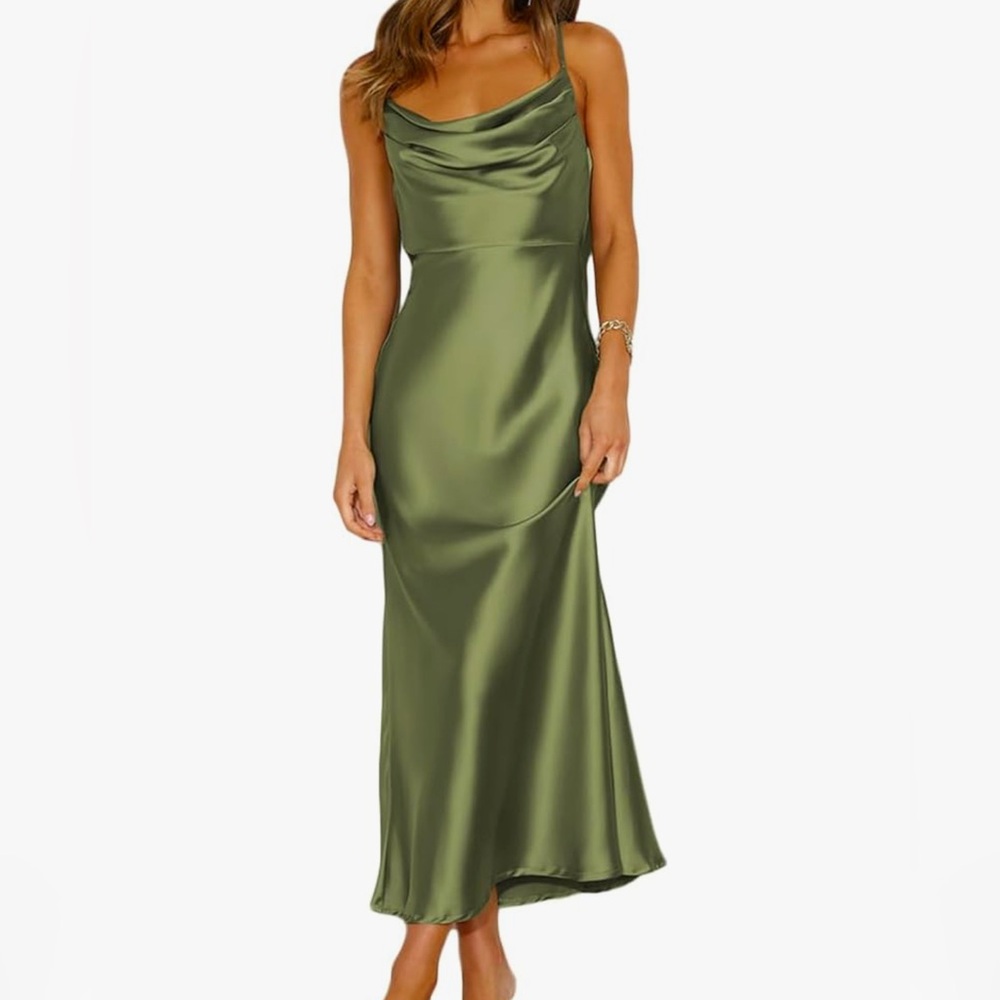 Olive green satin wedding guest dress - large